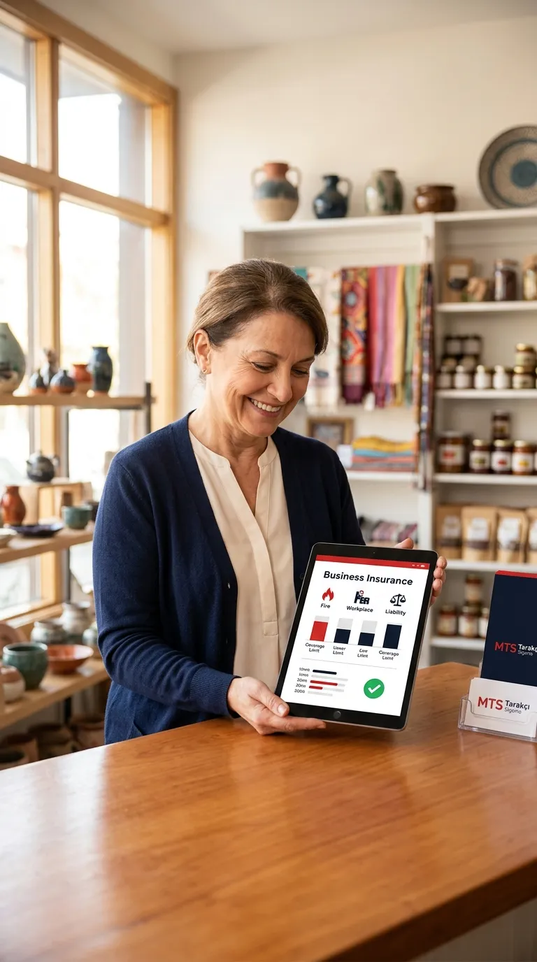 Dükkânında tablet üzerinden işyeri sigortası teklifini inceleyen esnaf